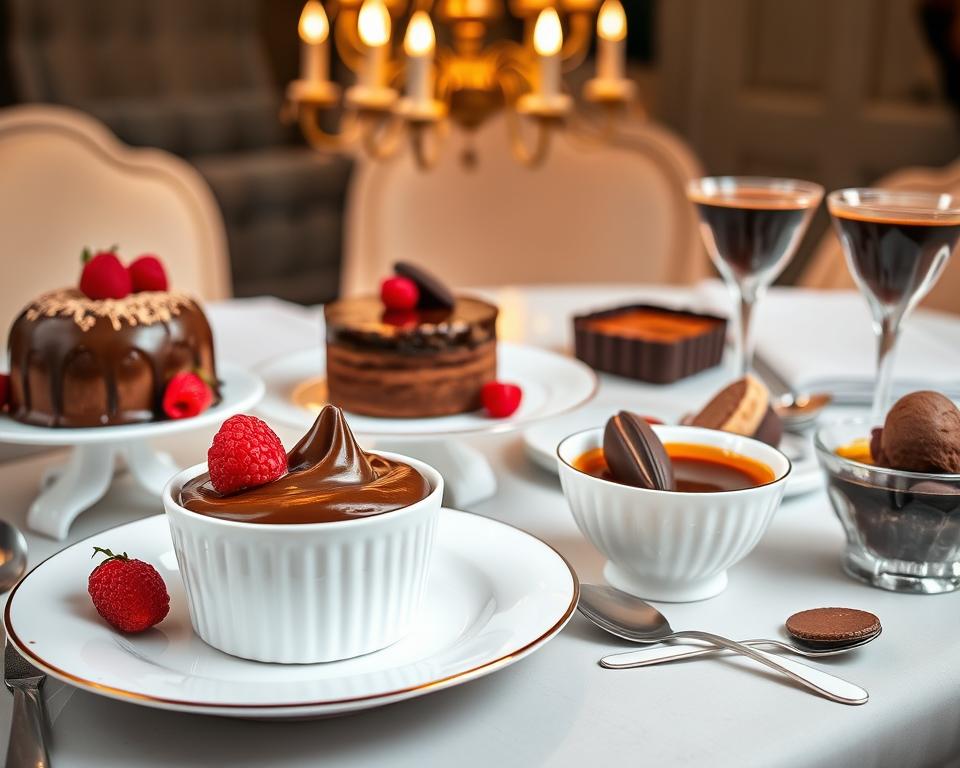 French chocolate desserts on elegant serving plates French chocolate desserts on elegant serving plates